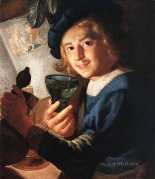  ink Oil Painting - Young Drinker nighttime candlelit Gerard van Honthorst